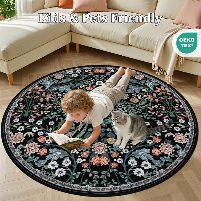 Round Area Rug for Living Room: 4 ft Floral Washable Circle Rug Soft Boho - Image 8