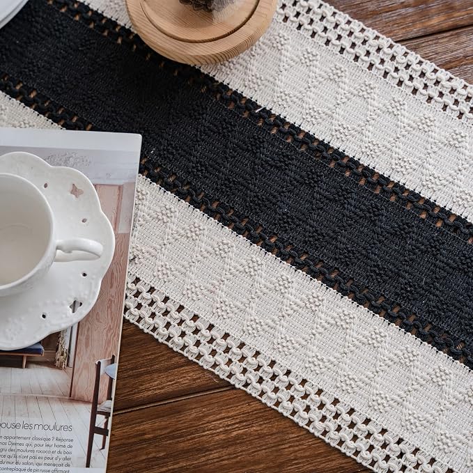 Macrame Table Runne Beige and Black Boho Table Runners - Image 4