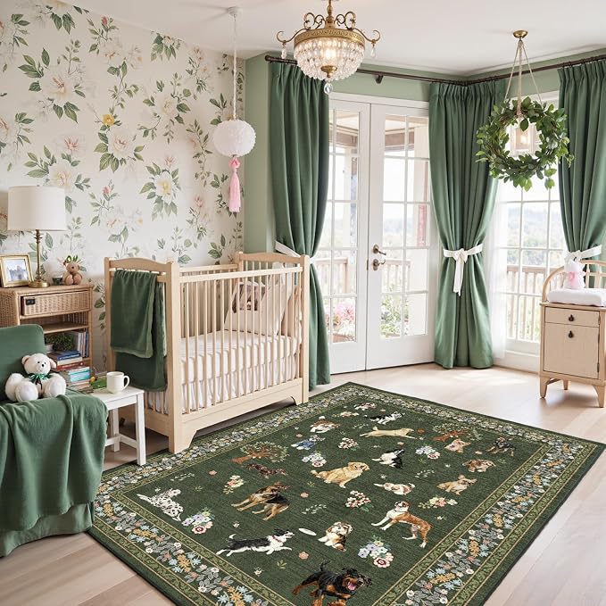 Area Rug 4x6 Dark Green Rug, Washable Boho Rugs Non Slip Low Pile Floral Dog - Image 3