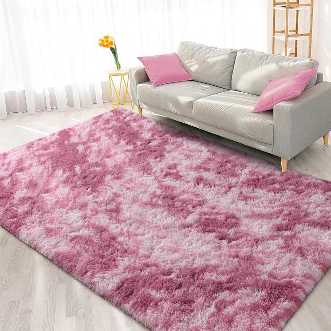 FlyDOIT Large Area Rugs for Living Room, 5x8 Feet Tie-Dyed Blush Shaggy Rug - Image 8