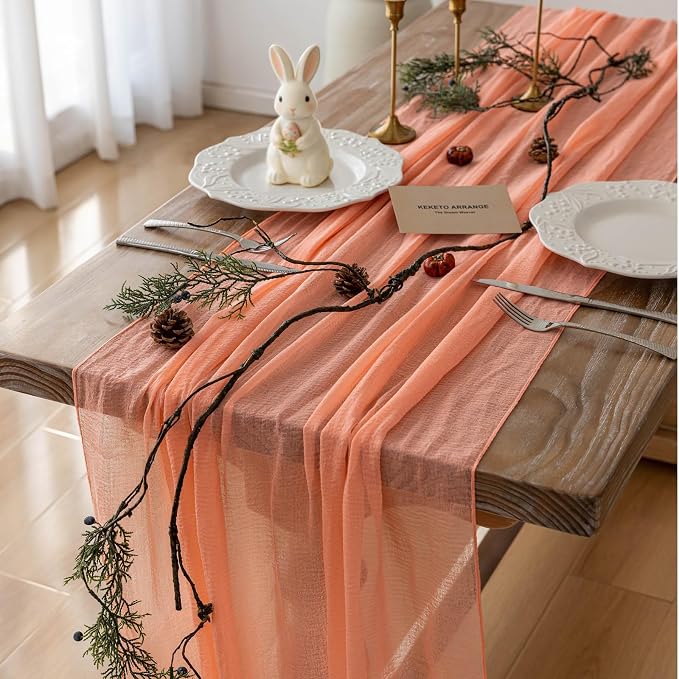 Fresh Salmon Cheesecloth Table Runner 120 Inches by KEKETOARRANGE