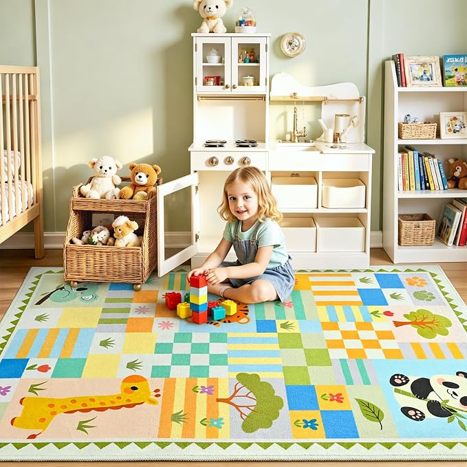 5x7 Washable Kid Playroom Rug, Unisex Green Safari Jungle Woodland Animal - Image 2
