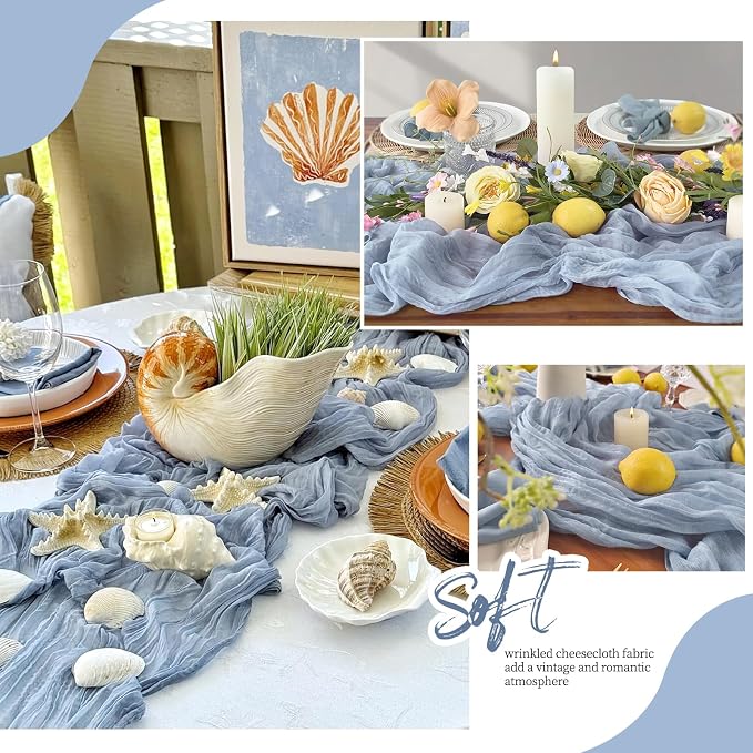 6 Pack Dusty Blue Cheesecloth Table Runner 17x108 Inch Semi Sheer Boho Gauze - Image 6