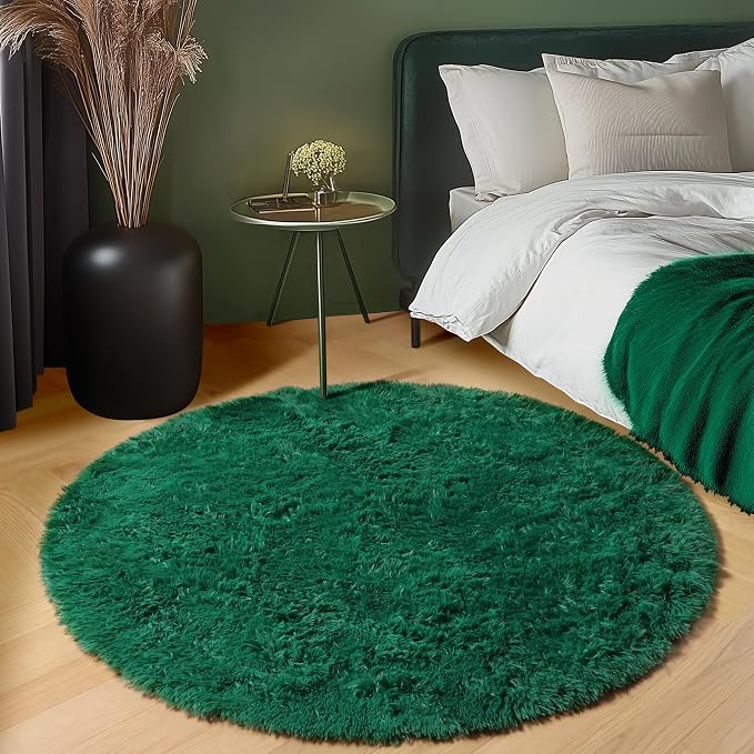 ONASAR Dark Green Round Area Rugs 5ft, Fluffy Soft Bedroom Circle Rug - Image 6