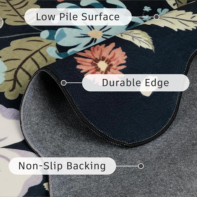 DCX Black Floral Rug 3x5, Washable Black Rug - Image 7