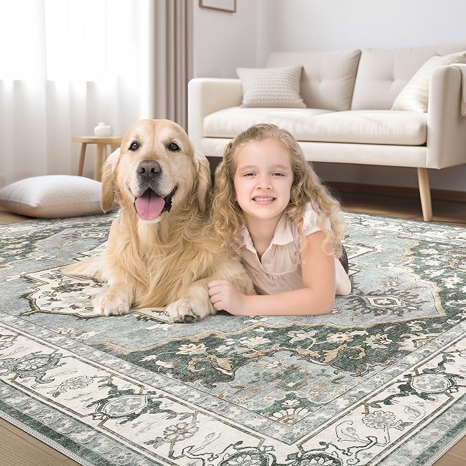 5x7 Washable Area Rug: Vintage Neutral Soft Non Slip Thin Large Floor Carpet - Image 7