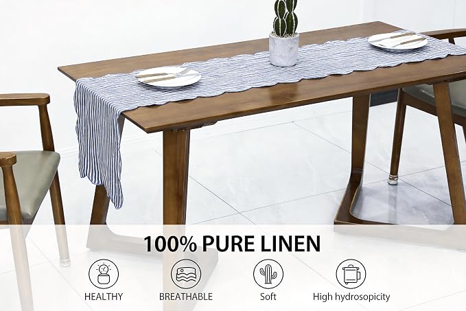100% Natural Linen Rustic Scalloped Embroidery Table Runner 108 Inches Long - Image 2