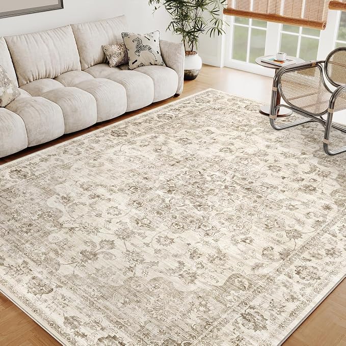 8x10 Washable Neutral Area Rug Beige Vintage Living Room Bedroom Carpet - Image 4