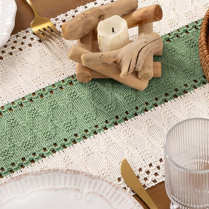 DeZerlor Ivory&Sage Green Boho Macrame Farmhouse Woven Table Runner 72Inch | - Image 6