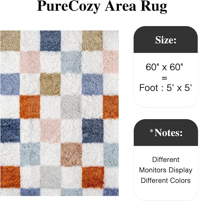 PureCozy Checkered Rug 5x5 for Living Room, Modern Rainbow Shag Super Soft - Image 3