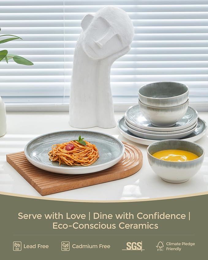 Gradient Green Stoneware Dinnerware Sets, Handmade Ceramic Round Dishes Set - Image 3