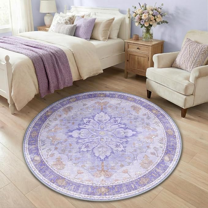 RELEANY Area Rugs Round 4ft Washable Non-Slip, Floral Vintage Distress by RELEANY
