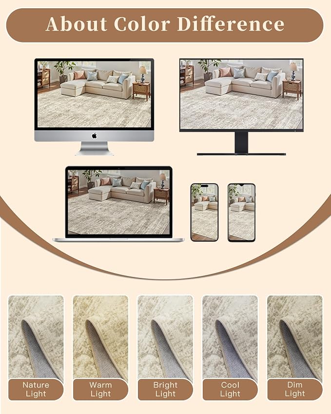 Madane 9x12 Area Rugs for Living Room, Soft Vintage Beige Area Rug - Image 8