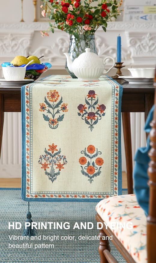 Designer French Linen Extra Long Table Runner, Floral Pattern, Dining Table - Image 4