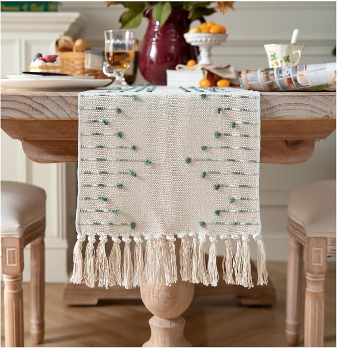 Boho Table Runner 13 x 48 Inch Long Natural Cotton Woven Runner by Caflife