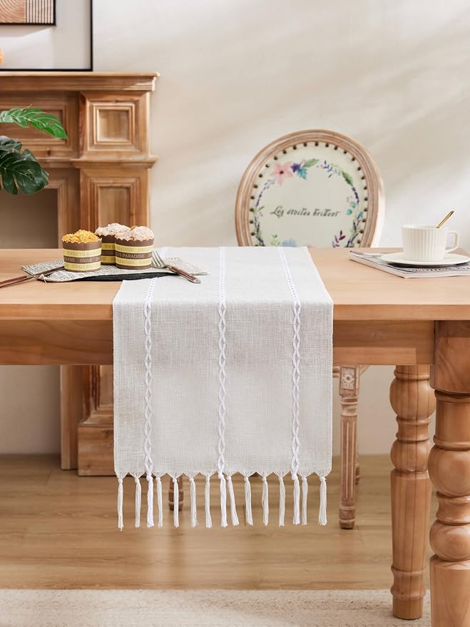 Braided Farmhouse Table Runner, Braided Light Grey 13x36 Inch, Cotton Linen - Image 2