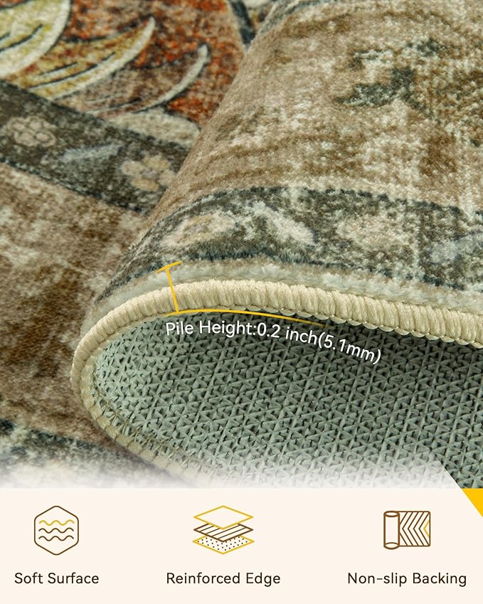 RELEANY Area Rugs Round 4ft Washable Non-Slip, Floral Vintage Distress - Image 3