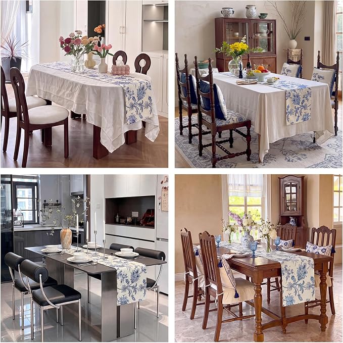 Beige and Blue Table Runner 12x48 Inch | Cotton Polyester Waterproof Seasonal - Image 7
