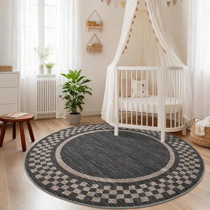 6ft Washable Round Rug for Entryway Modern Checkered Bedroom Circle Rug Non - Image 9