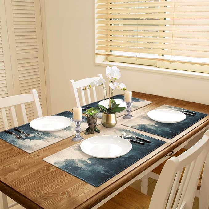 Emvency Farmhouse Placemats Set of 4, 12x18 Inch, Dark Blue and Beige | - Image 5