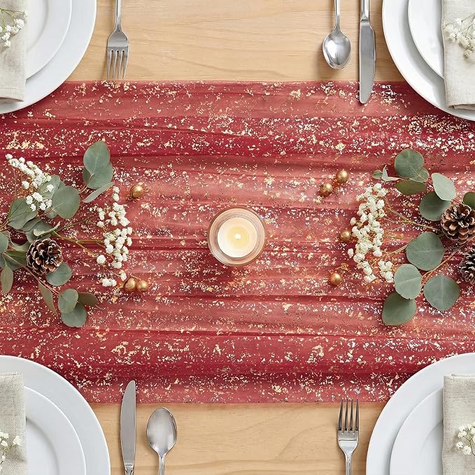Artoid Mode Red Gold Gauze Table Runner 59x120 Inch 10FT, Glitter Metallic Foil - Image 5