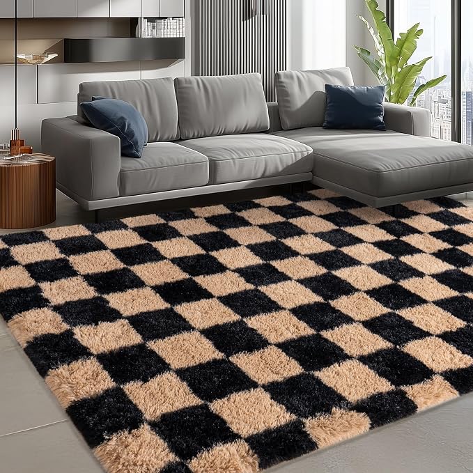 Shag Rugs for Living Room 6x9, Ultra Soft Checkered Black Beige Big Fuzzy Rugs - Image 2