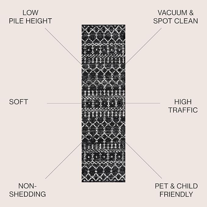 JONATHAN Y Boho Vintage Diamond Black/Ivory Runner Rug 2X14 ft, Moroccan Hype - Image 2