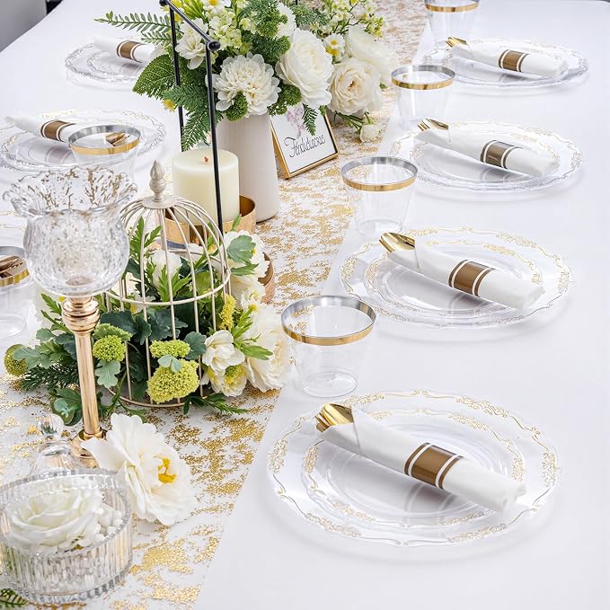 U-QE 100PCS Clear Gold Plastic Plates - Image 5
