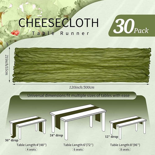 30 Pack Cheesecloth Table Runner 10FT Olive Green Table Runner Boho Gauze - Image 2