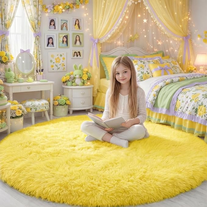 Amdrebio Yellow Round Circle Area Rug 5Ft by Amdrebio