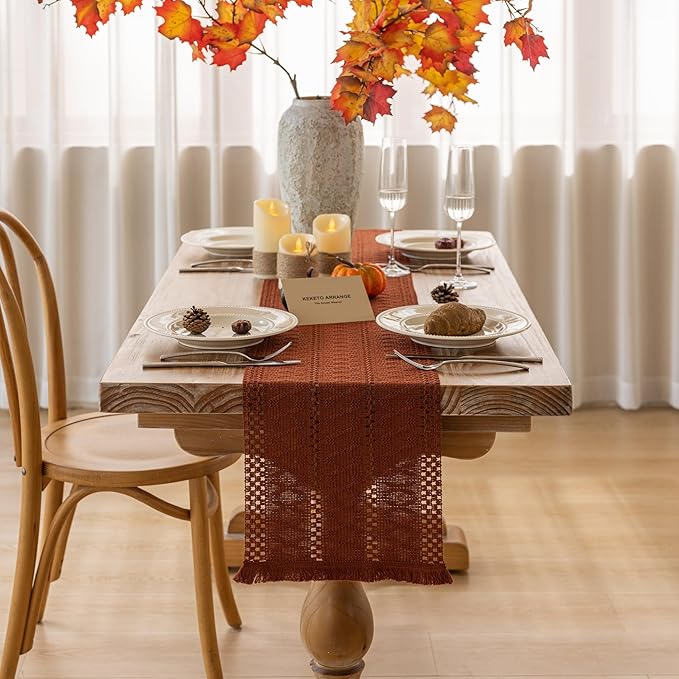 Fall Thanksgiving Boho Macrame Table Runner 12x36 Inch | Woven Burlap Rustic - Image 2
