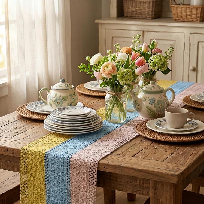 Artoid Mode Yellow Blue Pink Farmhouse Rustic Table Runner 12x36 Inch | Holiday - Image 4