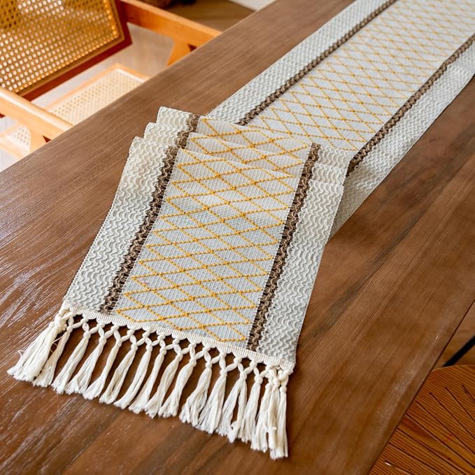 EMMTEEY Macrame Table Runner Boho Style 94 Inches Long, Hexagonal Yellow | - Image 3