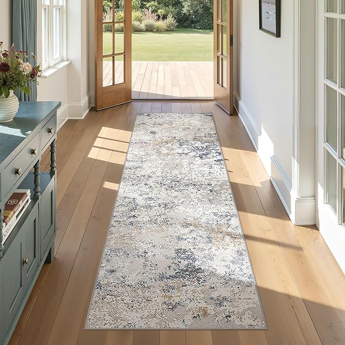 DMOYEST Washable Runner Rug for Hallway: 2.6x8 Neutral Modern Abstract Low Pile by DMOYEST