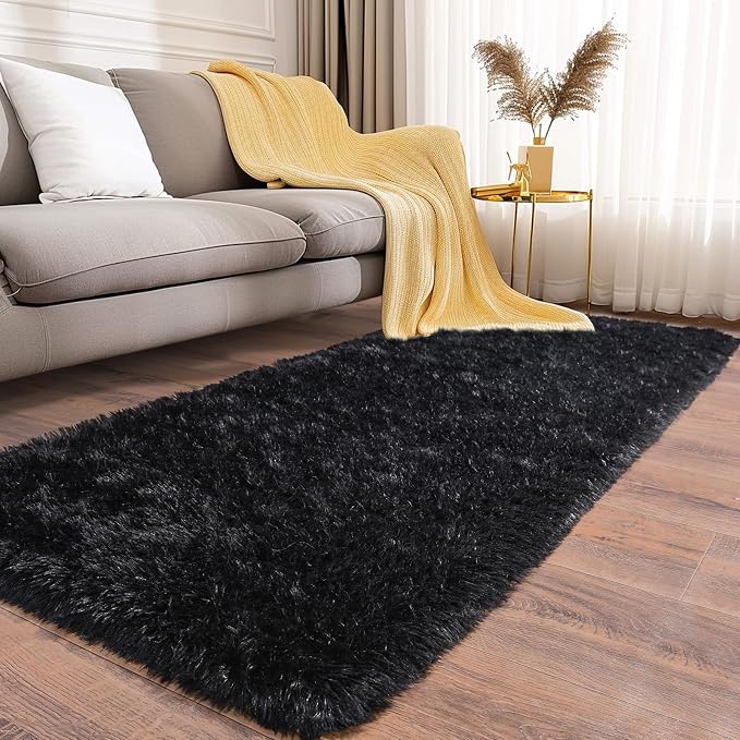 Soft Runner Rugs for Bedroom Hallways, 2 Packs 2x6 Black Fluffy Shag Throw Area - Image 2