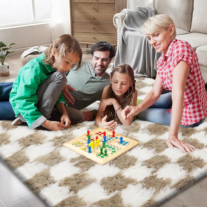 Checkered Area Rugs for Living Room 6x9, Fluffy Beige and White Checkered Rug - Image 3