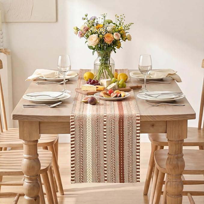 Artoid Mode Caramel Farmhouse Stripe Braided Table Runner 12x108 Inch | Holiday - Image 2