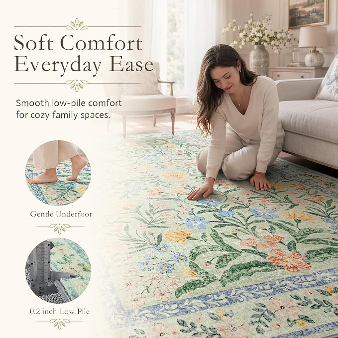 Wonnitar Machine Washable Area Rugs 9x12, Soft Sage Green Floral Rug - Image 4