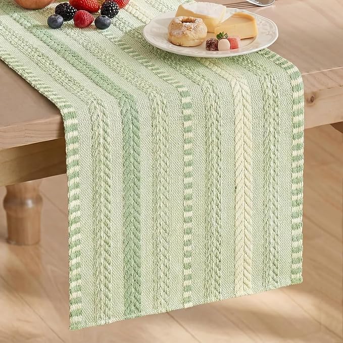 Artoid Mode Sage Green Farmhouse Stripe Braided Table Runner 12x48 Inch | by ArtoidMode
