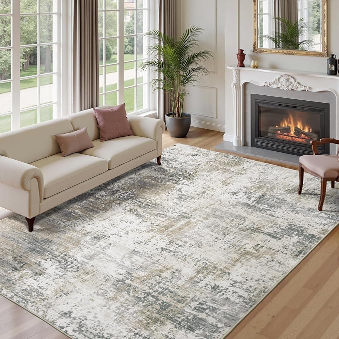 Area Rugs 9x12 Living Room, Large Soft Washable Abstract Neutral Bedroom Rug by Carpelux