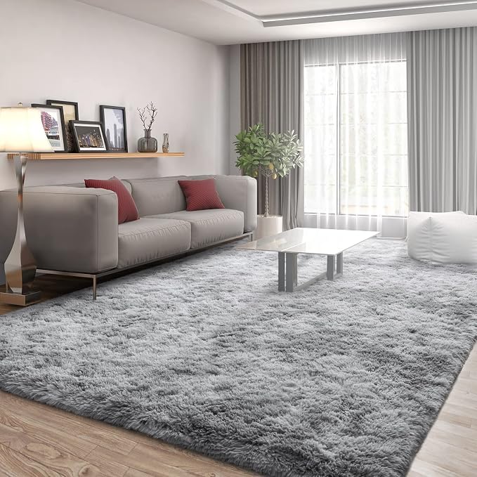 FlyDOIT Large Area Rugs for Living Room, 4x6 Feet Tie-Dyed Light Grey Shaggy - Image 2