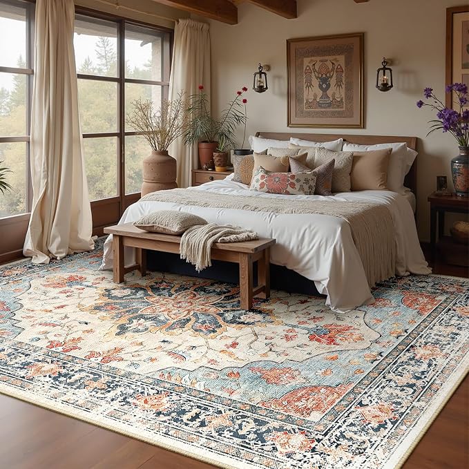 RELEANY Area Rugs 8'x10' Washable Non-Slip, Floral Vintage Distress Medallion - Image 3