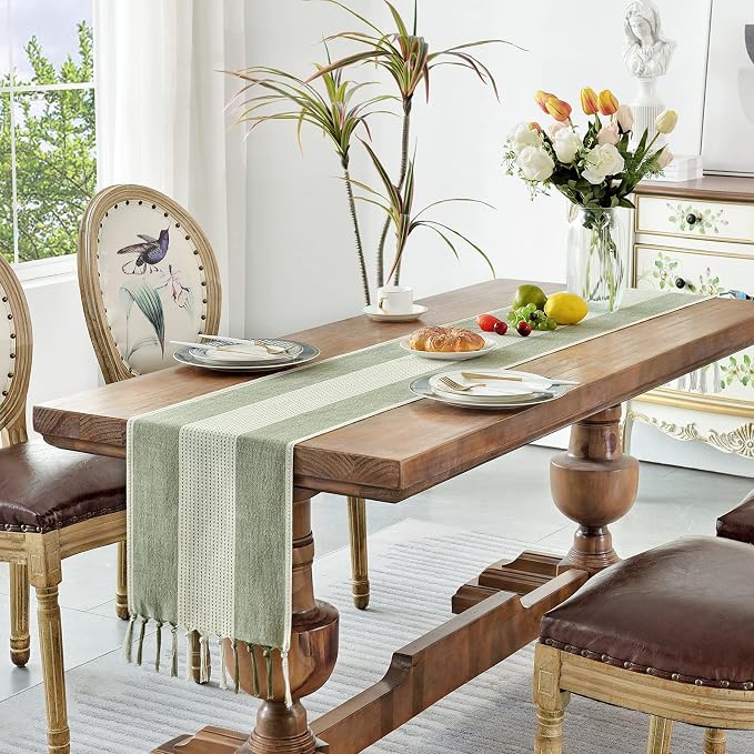 Wracra Linen Table Runner, Stripe Table Runners 108 Inches Sage Green | - Image 7