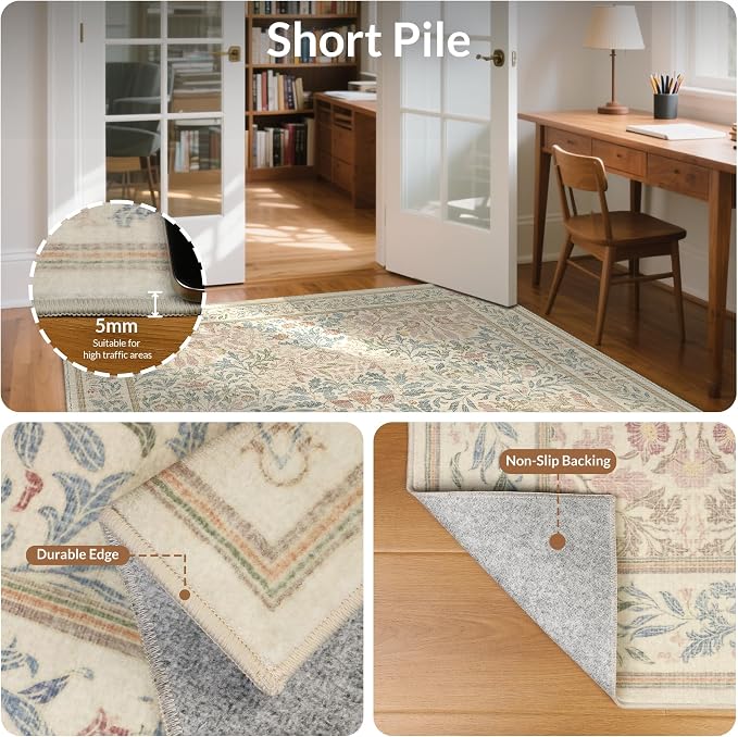 GENIMO 5x7 Washable Area Rug, Non-Slip Vintage Boho Floral Carpet, Soft - Image 5