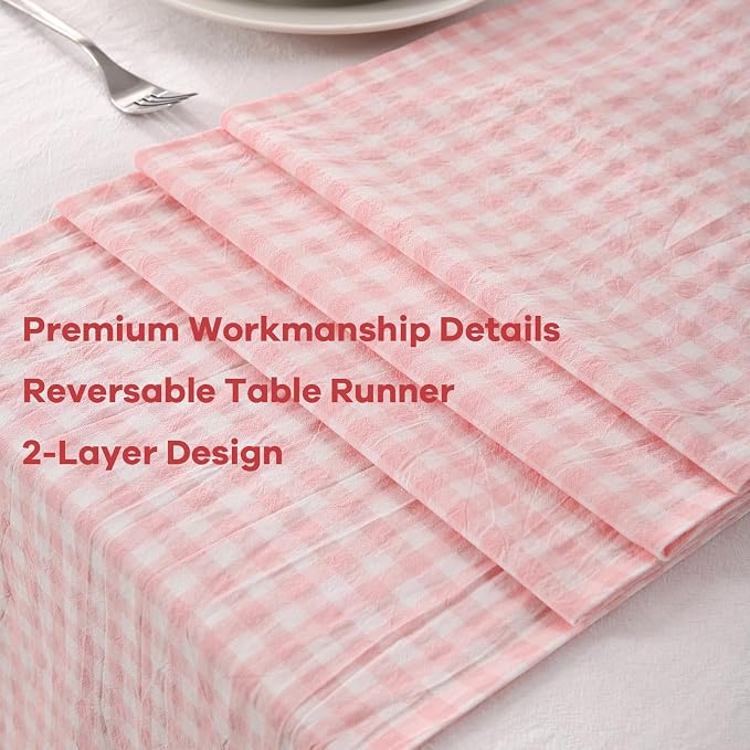 Peachy Blush White Plaid Gingham Ruffle Table Runner 72 inches Long 100% Washed - Image 5