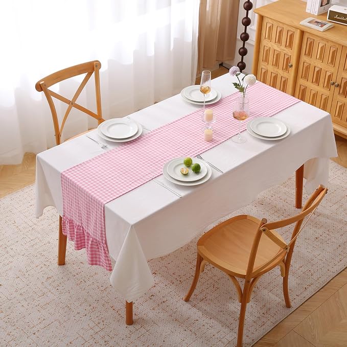 Pink White Plaid Gingham Ruffle Table Runner 120 inches Long Christmas 100% - Image 2