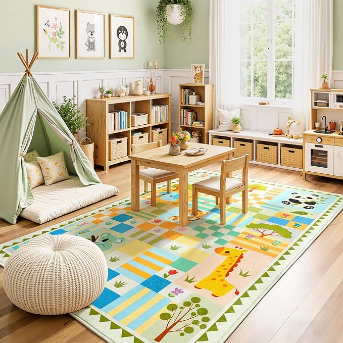 3x5 Washable Kid Playroom Rug, Unisex Green Safari Jungle Woodland Animal - Image 3