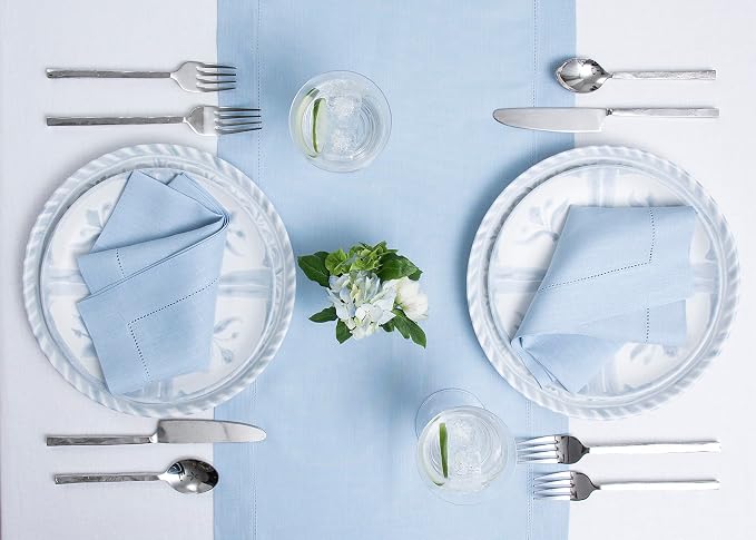 Solino Home 100% Pure Linen Table Runner Sky Blue Hemstitch, 14 x 72 in | - Image 3