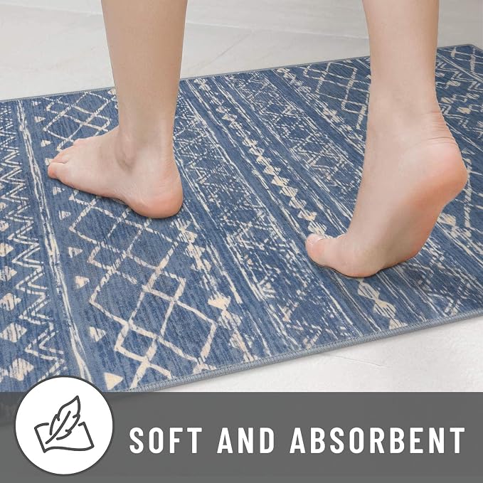 KUTA 3x5 Boho Area Rug for Living Room, Moroccan Blue Beige Washable Kitchen - Image 7