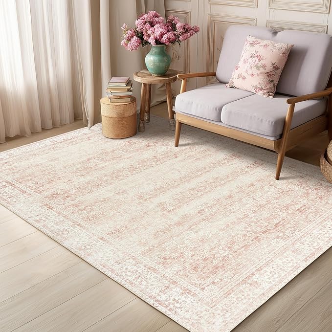 BILEEHOME Vintage Pink Rug 4x6 Washable Non Slip Floral Aesthetic Indoor Rugs by BILEEHOME